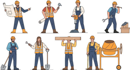 Illustrations of construction workers in various roles with tools and equipment on a white background
