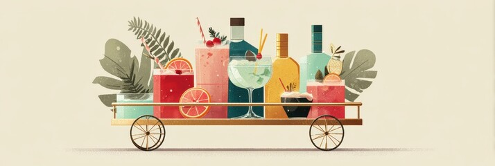 Colorful beverage cart filled with refreshing drinks and garnishes at a summer gathering