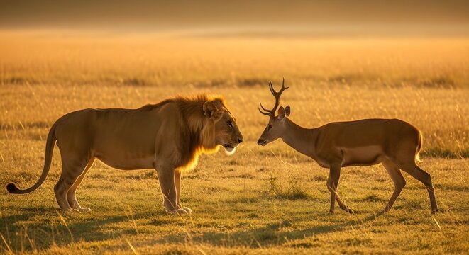 Lion and Deer Standing Face to Face on Golden Savanna at Sunrise