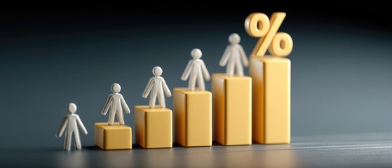 People figurines climb a gold bar graph, percentage symbol atop
