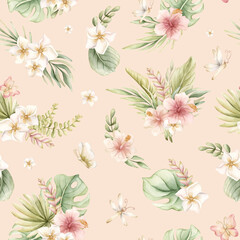 Fototapeta premium Tropical Hibiscus Plumeria Flowers Exotic green plants Watercolor hand painted summer seamless pattern pink background