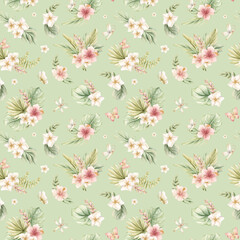 Tropical Hibiscus Plumeria Flowers Exotic green plants Watercolor hand painted summer seamless pattern sage background