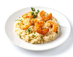 Creamy risotto topped with succulent grilled shrimp and fresh herbs, served on a simple white plate