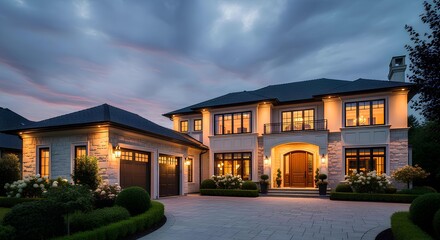 Luxurious modern mansion with illuminated facade and manicured landscaping at dusk, showcasing elegant architecture and inviting entryway.