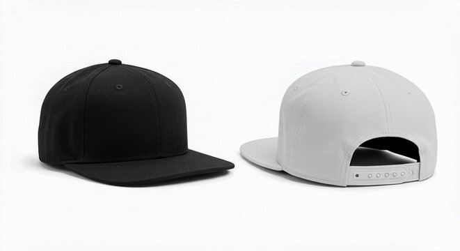 A black and a white cap are displayed side-by-side, one facing forward and the other facing backward, against a bright white background