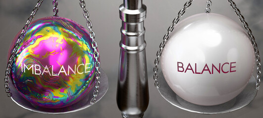 Fototapeta premium Imbalance or Balance - weighing two choices, available options. Choosing between imbalance or balance. Two different course of actions. ,3d illustration