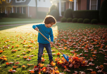 A helpful young boy doing his autumn chore, raking a pile of colorful fallen leaves on a sunny suburban lawn
