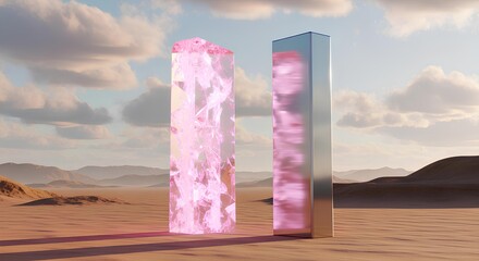 Two mysterious, tall, rectangular pillars, one glowing pink crystal and one reflective metal, stand in a vast, arid desert landscape under a cloudy sky.