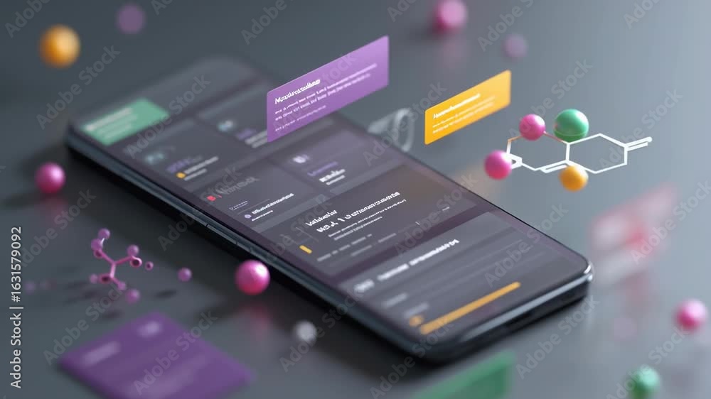 Poster a smartphone showcases biotech wearable technology featuring data visualizations and molecular struc