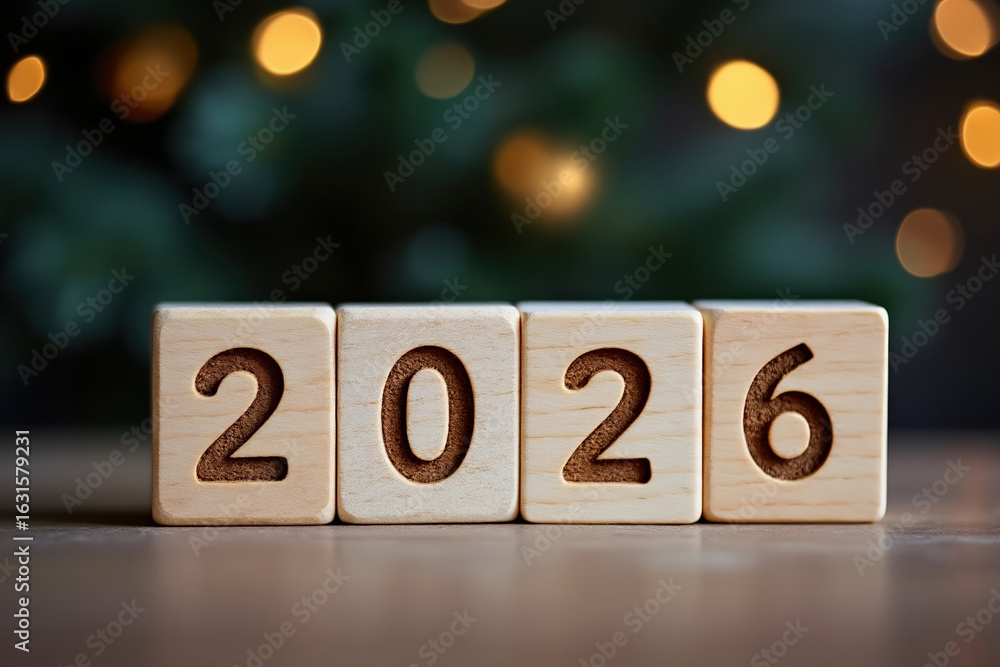 Poster wooden blocks spelling out the year 2026 with bokeh lights in the background symbolizing future goal