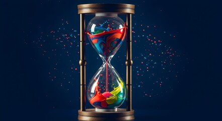 Creative Hourglass with Dripping Paint, a Still Life of an Hourglass Where Red and Blue Paint is Flowing Instead of Sand, with a Dark, Textured Background and Subtle Sparks