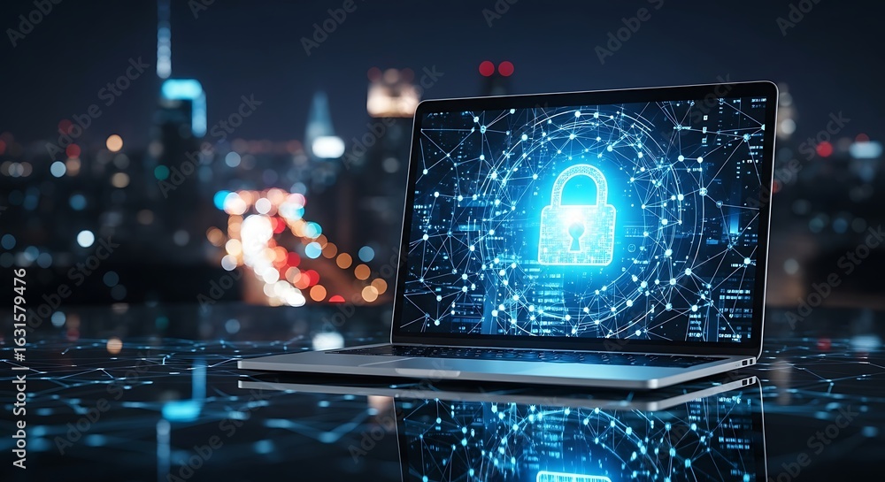Poster laptop displaying a digital lock representing cybersecurity and data protection