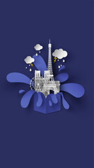 Scenery of rainy season with the world famous architecture in Paris, France. Rainy season in Paris. paper cut and craft style. vector, illustration.