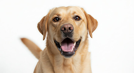 Labrador retriever smiling happily on a plain white background