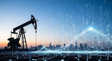 Oil pump jack with digital network representing the future of energy industry