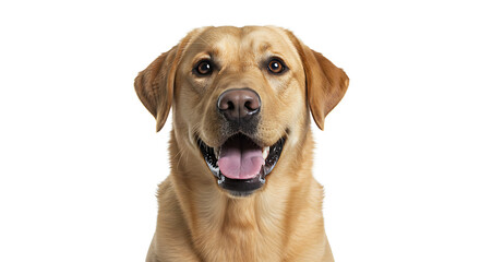 Labrador retriever smiling happily on a plain white background