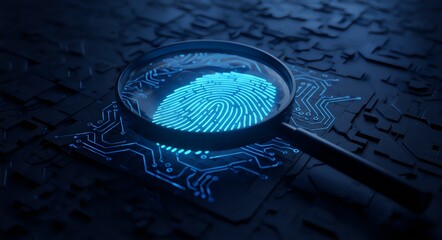 Digital Security Fingerprint Scan, a Magnifying Glass Highlights a Glowing Blue Fingerprint on a Dark, Circuit Board-Like Background, Representing Cybersecurity and Biometric Identification