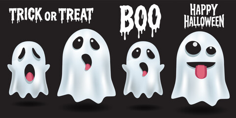 Halloween pumpkin for holiday. set of Realistic 3d white pumpkins with cute, scary and happy expressions good joy smile. Ghost in Lace Cloth. Cute and Spooky Characters for Halloween Celebration.