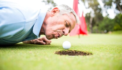 Funny senior golfer lying on the green and blowing his golf ball into the hole in a last desperate attempt