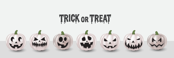 Halloween pumpkin for holiday. set of Realistic 3d white pumpkins with cute, scary and happy expressions good joy smile. Ghost in Lace Cloth. Cute and Spooky Characters for Halloween Celebration.