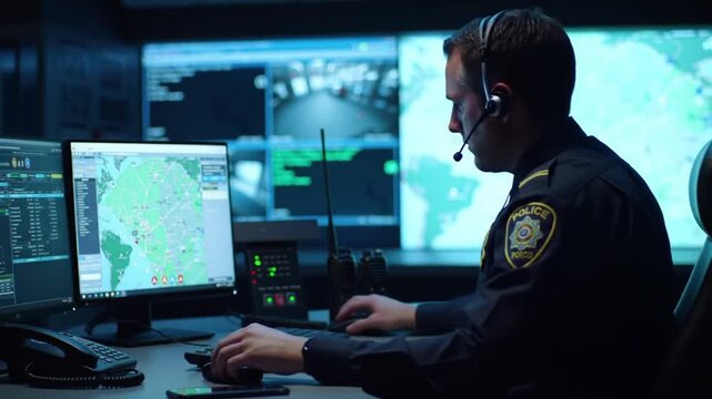 Police officer monitors city map and surveillance feeds in high-tech operations center, ensuring public safety.