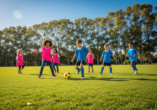 A diverse group of kids enjoying a soccer game on a sunny day, embodying the concept of active childhood and teamwork.