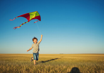 Joyful boy runs through a golden field flying a colorful kite on a sunny day. Concept of happy childhood and freedom.