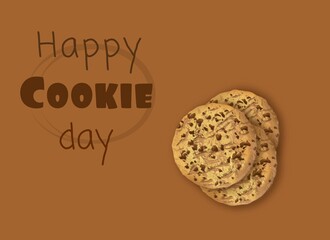 Happy Cookie Day with chocolate chip cookies on a brown background