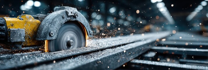 Circular saw cutting through metal in a workshop during the day creating sparks and debris