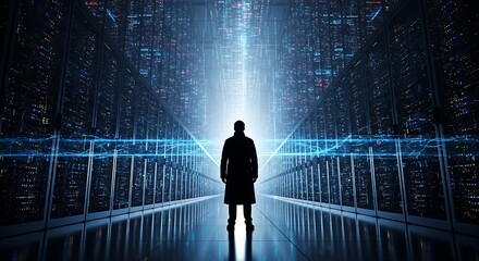 Silhouette of a man in a futuristic digital city with server room