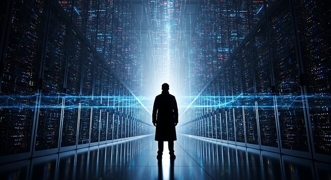 Silhouette of a man in a futuristic digital city with server room