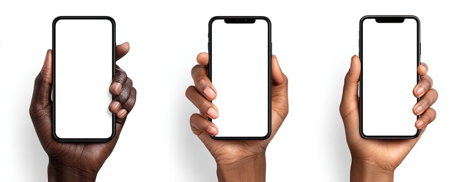 Three hands hold smartphones, blank screens