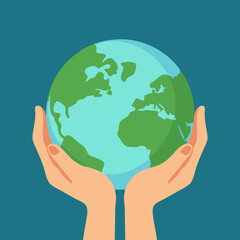 Vector illustration of caring hands holding planet Earth. A concept for environmental protection, conservation, and sustainability.
