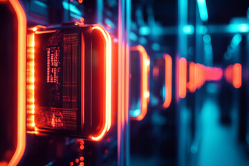 Powerful crypto mining farm with hundreds of graphics cards and neon lights for cryptocurrency blockchain data center generative ai