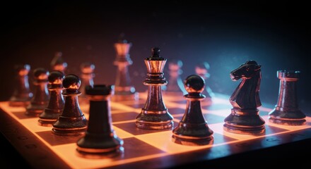 Conceptual image of business strategy, chess pieces on a glowing board
