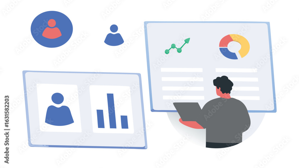 Poster man analyzing data on screens with charts graphs and user icons in a modern office setting view