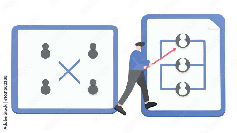 Aufkleber man presenting team structure and strategy with diagrams on whiteboards and pointing stick tool