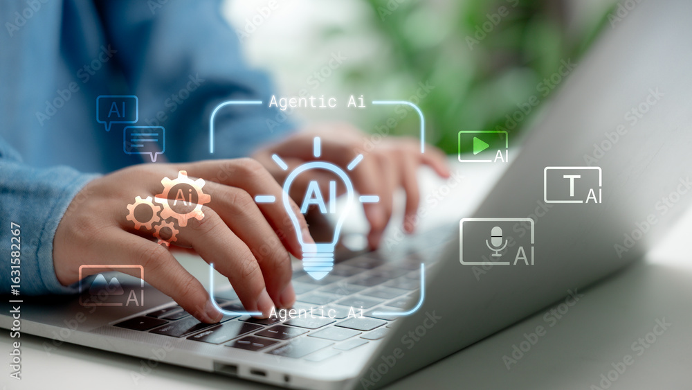 Poster close-up of hands typing on laptop with agentic ai holographic icons, symbolizing autonomous artific