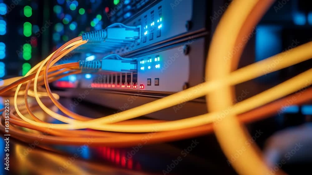 Poster network cable server data center technology connection glowing internet communication orange blue hi