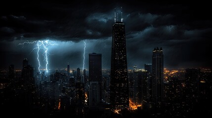 Fototapeta premium A city skyline at night during a thunderstorm.