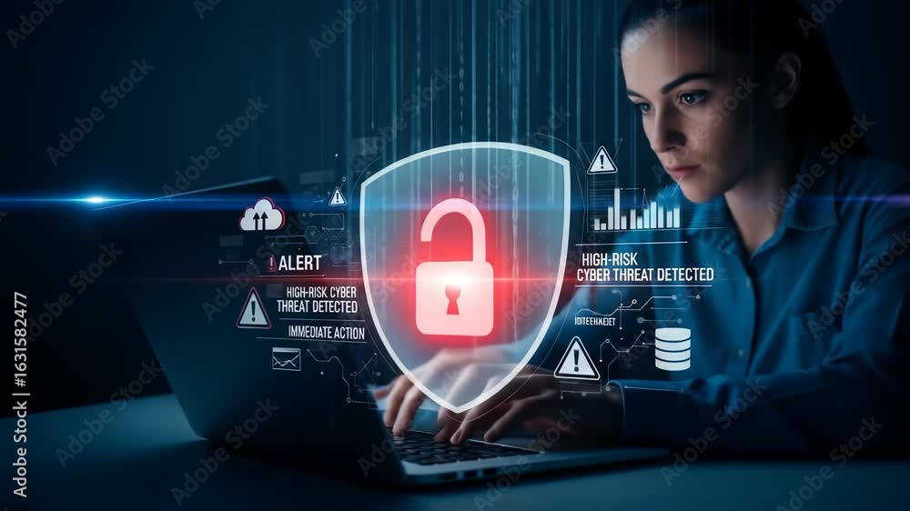 Poster cybersecurity data protection cyber threat alert woman computer digital shield security breach techn