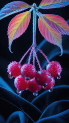 Closeup of red berries with water drops on a branch with colorful leaves