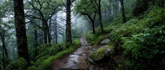 Misty mountain path in lush forest