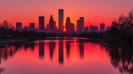 Obraz premium Sunrise over the city skyline reflected in the tranquil water.