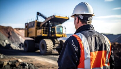 Mining Engineer Observes Heavy Machinery in OpenPit Mine with Industrial Landscape.