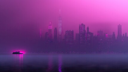 Fototapeta premium Pink-hued city skyline over calm water.