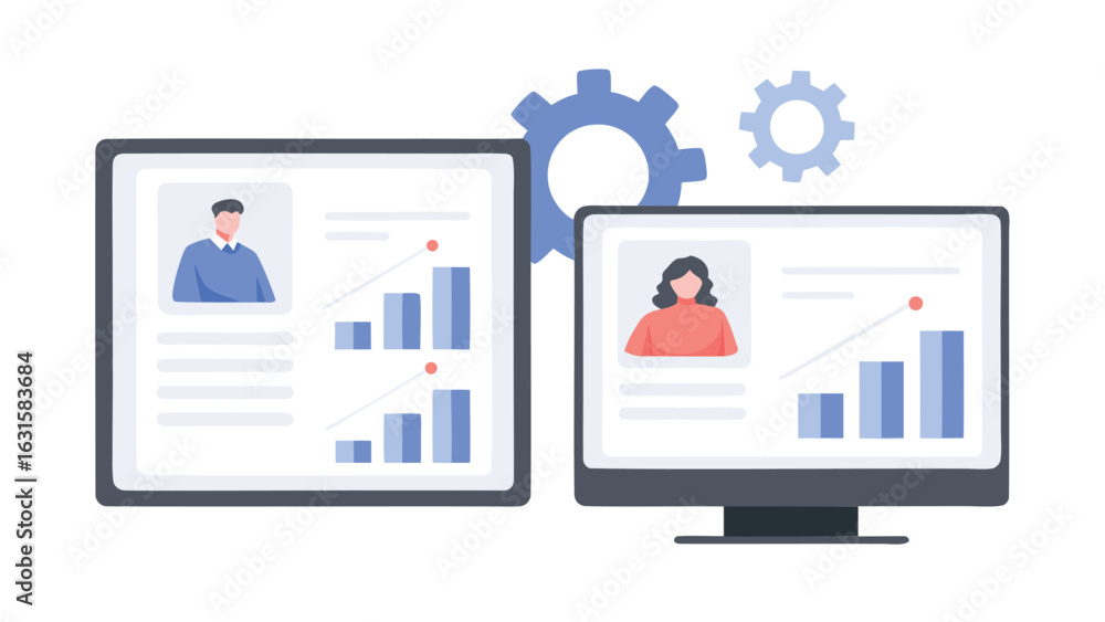 Aufkleber two monitors displaying profiles with graphs and gears in the background representing teamwork data