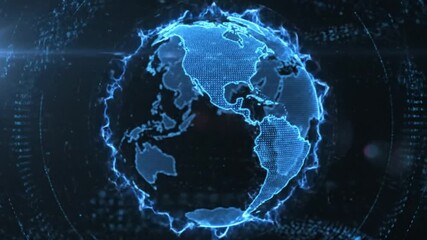 Futuristic digital globe animation spinning with glowing blue particles representing technology data network internet global communication cyberspace and virtual connectivity - Powered by Adobe
