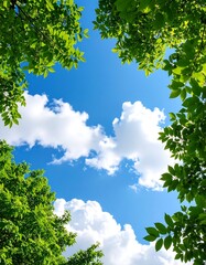 Fototapeta premium Lush green leaves frame a vibrant blue sky with puffy clouds