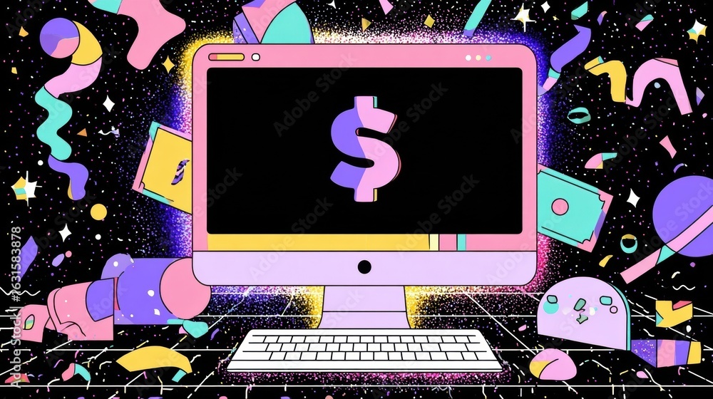 Poster creative digital artwork illustrating a computer screen displaying a dollar sign with colorful, abst